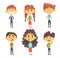 Funny disciples of elementary school. Cute boys and girls with backpacks on shoulders and books in hands. Flat vector