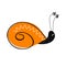 Funny disgruntled snail in cartoon style. Funny slug with an orange shell.