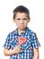 Funny dissatisfied boy with lollipop hearts