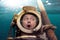 Funny diver in retro equipment in amazement looks around