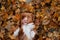 Funny dog in the autumn in the leaves. Cute pet. Nova Scotia Duck Tolling Retriever, Toller.