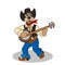 Funny dog in blue jeans and hat plays banjo