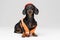 Funny dog builder dachshund in an orange construction helmet and a vest, isolated on gray background