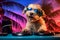 Funny dog DJ with sunglasses spins tunes on turntable, palm trees and neon lights background.