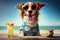 Funny dog drinking cocktails at the bar. Beach ocean view. Summer vacation, holidays concept. Generative AI.