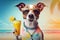 Funny dog drinking cocktails at the bar. Beach ocean view. Summer vacation, holidays concept. Generative AI.