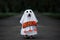 funny dog in a ghost costume with a happy halloween sign