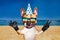 Funny dog ginger french bulldog in a festive cap on holiday show a sign approx. Animal on beach, sea and sky background