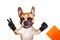 Funny dog ginger french bulldog in a grocery store with an orange bag in hand. Animal isolated on white background
