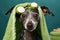 funny dog with a green towel on his head and an apple, Cute dog relaxed from spa procedures on the face with cucumber, covered