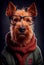 Funny dog in hipster wear. Ireland terrier looks at copy space, winter accessories or seasonal concept