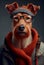 Funny dog in hipster wear. Ireland terrier looks at copy space, winter accessories or seasonal concept