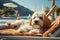 A funny dog is lying on a lounger by the pool.