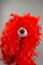 FUNNY DOG IN MARDI GRAS OR CARNIVAL RED FEATHER BOA. ISOLATED STUDIO SHOT AGAINST GRAY BACKGROUND