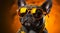 funny dog musician in sunglasses listening to music. Fashionable dog rock star. dog boss