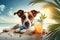 Funny dog on sea beach, pet relaxes with cocktail on vacation, generative AI