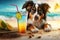 Funny dog on sea beach, pet relaxes with cocktail on vacation, generative AI