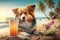 Funny dog on sea beach, pet relaxes with cocktail on vacation, generative AI