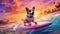 funny dog surfer ocean wave animal summer beach puppy vacation. Generative AI.