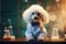 Funny Dog Wearing A Quirky Scientists Lab Coat And Glasses Funny Dog, Scientist Lab Coat, Quirky Gla