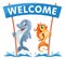 Funny dolphin and goldfish holds Welcome banner.