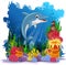 Funny dolphin with sea life background