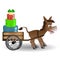 Funny donkey on a cart driven gifts. Colorful round boxes gifts