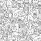 Funny doodle cats black and white seamless pattern. Coloring page for adults and kids