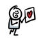 Funny doodle man brings a postcard gift with heart image for valentines day.