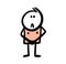 Funny doodle man without clothes ashamed covers up his body with hands.