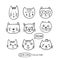 Funny doodle outline cats faces collection