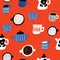 Funny doodle pattern with cups and teapots in scandinavian style. Vector seamless design.