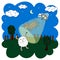 Funny doodle sheep running from ufo, cartoon drawing animal, night stars and green field outdoor background, print for kids
