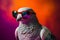 Funny dove wearing sunglasses in studio with a colorful and bright background. Generative AI
