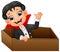 Funny dracula in a coffin while waving hand isolated on white background