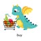 Funny Dragon Character Buying Vegetables in Shopping Cart Demonstrating English Verb Vector Illustration