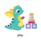 Funny Dragon Character Playing Toys Demonstrating English Verb Vector Illustration