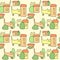 Funny drawn cats and cute houses. Seamless pattern . Vector illustration with adorable kittens for fabric and other surface