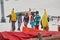 Funny dressed skiers wearing banana, zebra, and Hawaiian costumes, during a whiteout blizzard in Les Sybelles ski domain, France