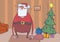 Funny drunk Santa Claus with a bag in a room with decoreted Christmas tree and colorful presents. Wasted happy Santa