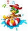 Funny duck cartoon enjoying on the lifebuoy with playing guitar and singing