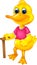 Funny duck cartoon standing bring stick with smile