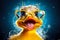 funny duck wearing glasses and looking at the camera on blue background