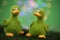 Funny ducks in front of green background, bouquet