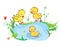 Funny ducks in the pond and flowers