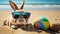 Funny easter bunny with colorful sunglasses and painted easter egg