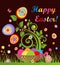 Funny easter card with tree and basket with colorful eggs