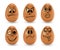 Funny Easter eggs set vector. Realistic brown eggs on a white background. Faces, eyes, grimaces, hand drawn with a marker on the