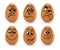 Funny Easter eggs set vector. Realistic brown eggs on a white background. Faces, eyes, grimaces, hand drawn with a marker on the