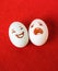 Funny easter emotion eggs on red, love happy eggs couple